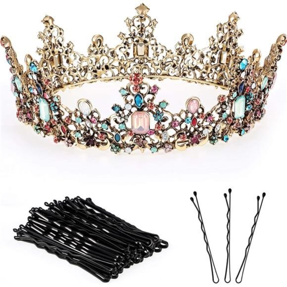 Jeweled Baroque Queen Crown Rhinestone Wedding Bridal Crowns and Tiaras Vintage main image 4